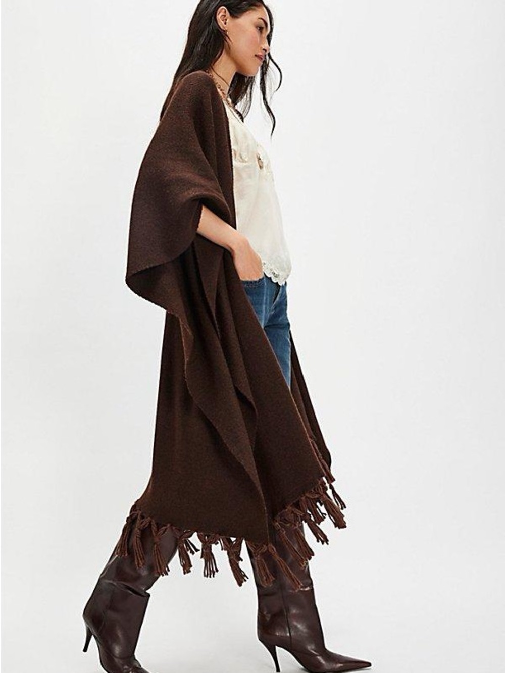 Free People Dark Brown Fringe Wrap Cape